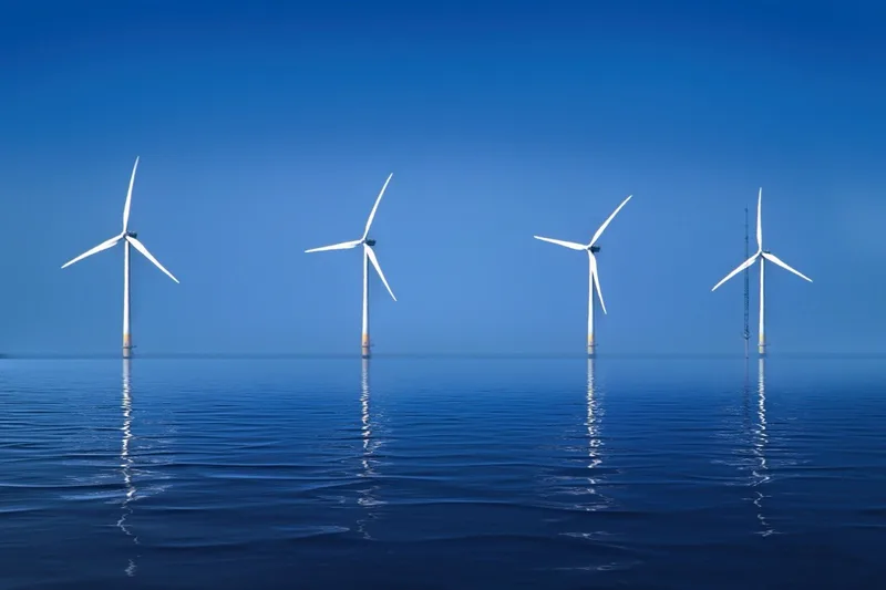 Offshore wind turbines standing in a calm blue sea.