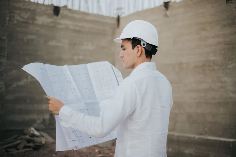 An engineer in a hard hat reviewing technical drawings on site.